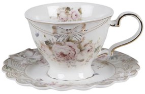Vintage viktoriánus rózsa mintás porcelán teáscsésze aljjal arany peremmel pillangós