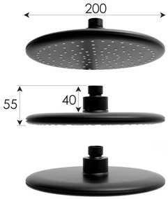 Erga Enza, zuhanygarnitúra termosztatikus csapteleppel és esőfejjel 20cm, fekete matt, ERG-YKA-BP.ENZA20-BLK