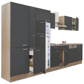 Yorki 370 konyhabútor sonoma tölgy korpusz,selyemfényű antracit fronttal polcos szekrénnyel és felülfagyasztós hűtős szekrénnyel