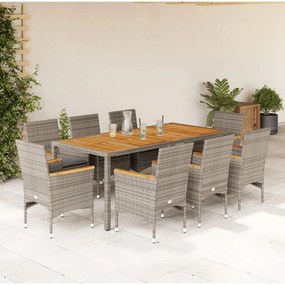 9részes szürke polyrattan/akácfa kerti étkezőgarnitúra párnával