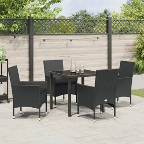 5 darabos Kerti Étkezőkészlet Párnákkal Fekete Poli Rattan, Kerti Asztal Fekete 80x80x73 cm Edzett Üveg