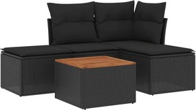 vidaXL 5 részes fekete polyrattan kerti kanapészett párnákkal