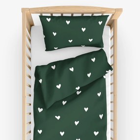 Goldea gyermek pamut ágyneműhuzat kiságyba - szívecskék, sötétzöld alapon 110 x 125 és 35 x 55 cm