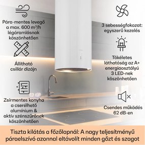 Klarstein Bolea, sziget páraelszívó, Ø 38 cm, recirkulációs/elszívás üzemmód, 600 m³/ó, LED, aktívszén szűrőkkel