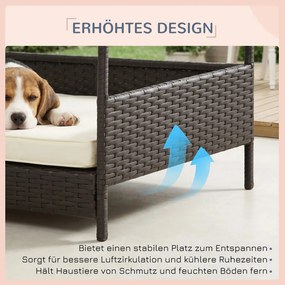 PawHut Rattan kültéri kutyafekhely előtetővel, hűsítő kisállatfekhely fémkerettel, levehető párna, kávébarna