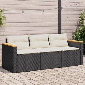 Fekete 3 személyes polyrattan kerti kanapé párnákkal