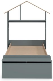 Natúr színű-szürkészöld ágyneműtartós házikó alakú gyerekágy ágyráccsal 90x190 cm borovi fenyő dekorral Odessa – Marckeric