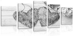 5-részes kép nyírfa szívek fekete fehérben