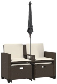 2 személyes barna polyrattan kerti kanapé napernyővel/székkel