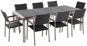 Nyolcszemélyes fekete osztott asztallapú étkezőasztal fekete rattanszékekkel GROSSETO Beliani