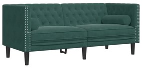 2 személyes sötétzöld bársony hengerpárnás Chesterfield kanapé