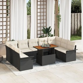 10 Részes Kerti Étkező Szett Párnákkal Fekete Poly Rattan Akáciával