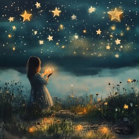 Vászonkép Canvas Lány Gyerek Éjszaka Ég Csillagok Álom 80x80