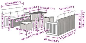 9 darabos kerti kanapé párnákkal szürke poli rattan akáccal, 2 személyes kerti kanapé párnákkal szürke poli rattan, 3 darabos kerti étkező szett párnákkal szürke poli rattan akáccal