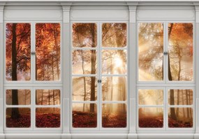 Fotótapéta - Őszi ablak kilátás - erdő (152,5x104 cm)