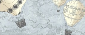 Kép - léggömbök a város felett, hűvös tónusok (120x50 cm)