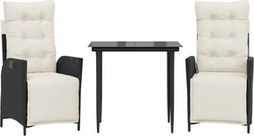 vidaXL 3 részes fekete polyrattan kerti étkezőgarnitúra párnákkal