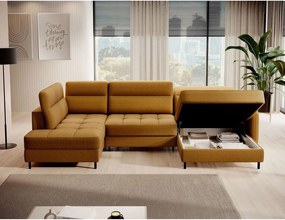 Sárga bársony kinyitható-tárolóhelyes sarokkanapé (bal oldali-U alakú) Berrto – ELTAP