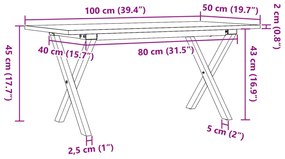 tömör fenyőfa és öntöttvas dohányzóasztal X-vázzal 100x50x45 cm