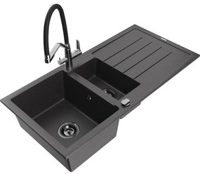 Mexen Andres gránit mosogató 1,5-medencés csepegtetővel és Duo konyhai csapteleppel, fekete pöttyös - 6515-76-671701-07-B