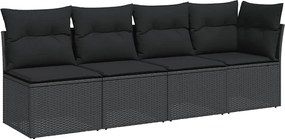 vidaXL 4 személyes fekete polyrattan kerti kanapé párnákkal