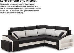 Grande sarokkanapé polcokkal és puffokkal , polc a jobb karfaban puffok a bal karfaban, jobboldali, szövet anyag, bonell töltet, fekete - fehér