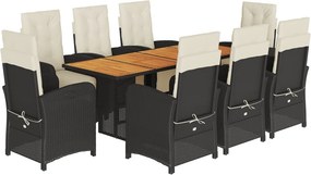 vidaXL 9 részes fekete polyrattan kerti étkezőgarnitúra párnákkal