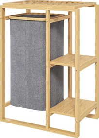 HOMCOM Szennyes Kosár Kihúzható Táskával, Fürdőszobai Szennyes Kosár Lécezett Polcokkal Bambuszból, 50x32x70 cm, Szürke | Aosom