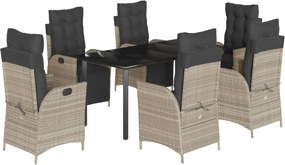 vidaXL 7 részes világosszürke polyrattan kerti étkezőszett párnával