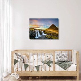 Kép a hegyekről és vízesésekről Izlandon (üvegen) (70x50 cm)