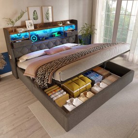 Kárpitozott ágy 180x200 hidraulikus franciaágy Usb C Led szürke