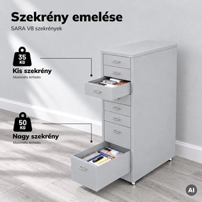 Kartotékszekrény görgőkkel, fém, 8 fiókos, dokumentumokhoz, szürke, 300x1100x600 mm: SARA V8