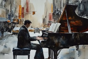 Vászonkép Canvas Város Férfi Zongora Zene 60x40