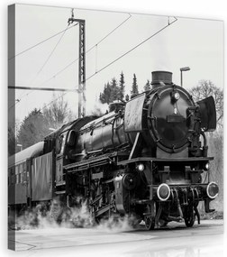Vászonkép 40x40 Gőzmozdony vasút fekete-fehér retro ipari táj utazás
