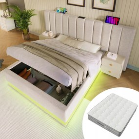 Kárpitozott ágy Dupla ágy Hidraulikus Led Usb-c bézs+Matrac