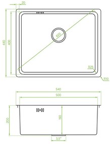 Laveo Aden, 1 kamrás rozsdamentes acél mosogató 540x440x200 mm, grafit, LAV-SLA_510T