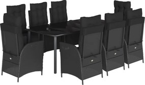 vidaXL 9 részes fekete polyrattan kerti étkezőgarnitúra párnákkal