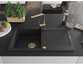 Mexen Leo, gránit mosogató 900x500x190 mm, 1 kamrás, fekete arany szifonnal és arany Rita mosogató csapteleppel, 6501-77-670300-50