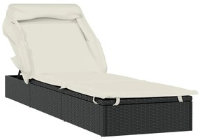 Fekete polyrattan napozóágy összecsukható tetővel 213x63x97 cm