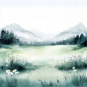 Vászonkép Canvas Akvarell Tájkép Hegyek Rét Virágok Tavasz Köd 40x40