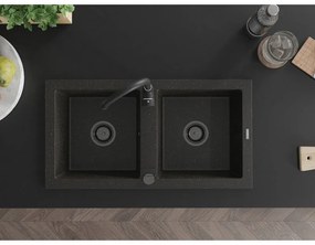 Mexen Mario, 2 kamrás gránit mosogató 820x436x161 mm és Telma fekete mosogató csaptelep, fekete-arany metál, 6504-75-670200-70-B
