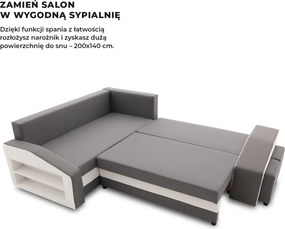 Grande sarokkanapé polcokkal és puffokkal , polc a bal karfaban puffok a jobb karfaban, baloldali, szövet anyag, bonell töltet, szürke - fehér