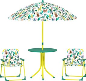 AIYAPLAY 4 részes gyerek kerti asztal és szék készlet — összecsukható asztal levehető napernyővel, dzsungel mintázat, zöld | Aosom