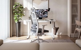 Állítható magasságú íróasztal, 120 x 60 cm, fejhallgatótartóval, üveglappal fehér