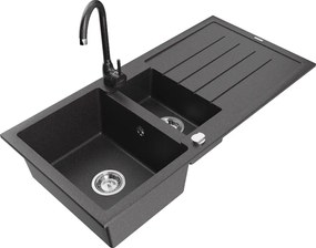 Mexen Andres 1,5 medencés gránit mosogató csepegtetővel és Telma konyhai csapteleppel, fekete leszórt - 6515-76-670200-76