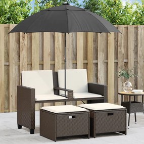 2 személyes barna polyrattan kerti kanapé napernyővel/székkel
