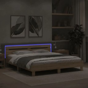 sonoma tölgy színű ágykeret fejtámlával és LED-del 160 x 200 cm
