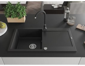 Mexen Leo 1kamrás gránit mosogató csepptálcával 900x500mm konyhai csapteleppel Telma, fekete - 6501-77-670200-70