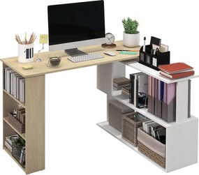 HOMCOM Forgatható Sarokasztal L-Alakú Asztal Polccal, 120x110x74.5 cm, Természetes és Fehér | Aosom