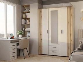 Ava 150 gardróbszekrény, 150 cm, tükörrel, 2 fiók, bordázott front, tölgy - kasmír